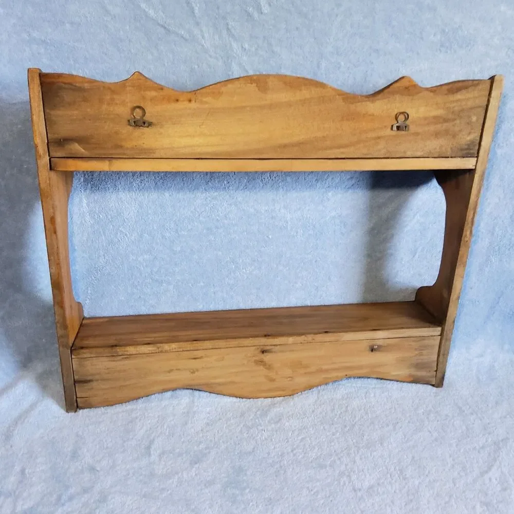 Vintage Wood 2 Tier Wall Shelf Country Rustic Spice Rack Display Scalloped 19.5